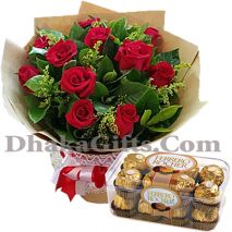 12 pieces red rose with 16 pieces ferrero chocolate
