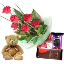6 Red Roses With Small Bear & Chocolates