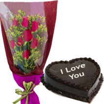 6 Pcs Roses Bouquet With Chocolate Heart Cake