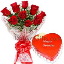 send red roses bouquet with vanila heart cake to bangladesh