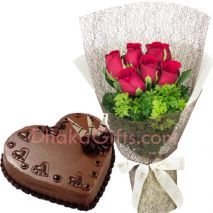 send 6 pcs roses with chocolate heart cake by mr.baker to bangladesh