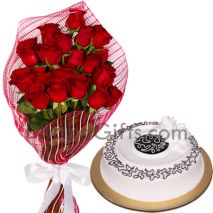 send vanilla round cake with roses bouquet to dhaka