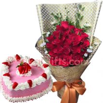 send vanilla heart shaped cake with 24 roses to dhaka