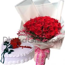 send vanilla heart shape cake with red roses in bouquet to dhaka