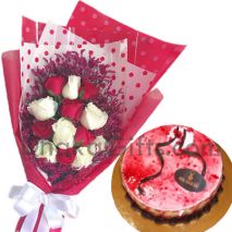 send strawberry mousse cake with roses bouquet to dhaka