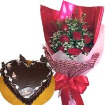 send mr maker chocolate heart cake with roses to bangladesh