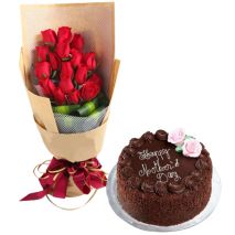 send 12 pcs imported roses with cahocolate cake to dhaka