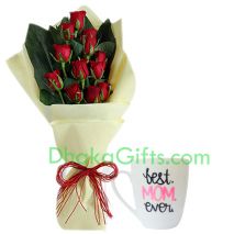 send decorated mug with 9 red roses bouquet to dhaka