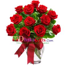 send 12 red roses in vase to dhaka