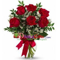 send 6 pcs red roses in vase to dhaka