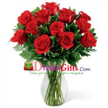 send 12 beautiful red roses in vase  to dhaka