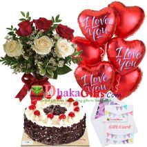 send 6 pcs roses in vase,6 pcs balloon with cake to dhaka