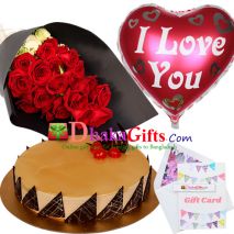 delivery gifts two dozen red roses bouquet, mylar balloon with cake to dhaka