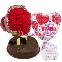 send three dozen red roses bouquet,balloon with cake to dhaka