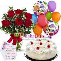 send 6 pcs red roses in vase,8 pcs balloon with cake to dhaka