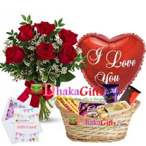 send roses in vase, balloon with chocolates basket to dhaka