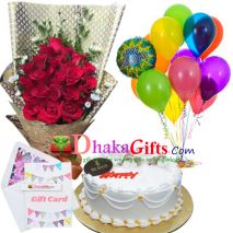 send 12 pcs red roses bouquet,13 pcs balloon with cake to dhaka
