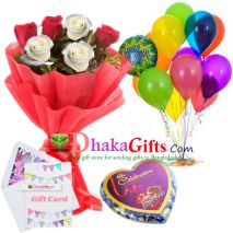 delivery 6 pcs roses bouquet, 13 pcs balloon with chocolates to dhaka