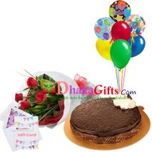 send 6 pcs red roses bouquet, 7 pcs balloon with cake to dhaka