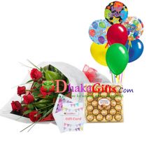 delivery red roses bouquet,7 pcs balloon with chocolates to dhaka