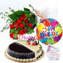 send one dozen red roses bouquet, birthday mylar balloon with cake to dhaka