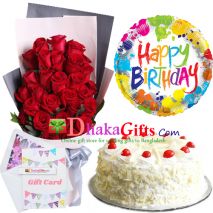 send two dozen red roses bouquet, balloon with cake to dhaka