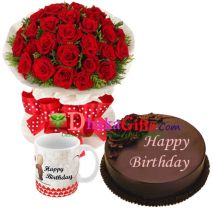 red roses bouquet with mug and cake send to dhaka