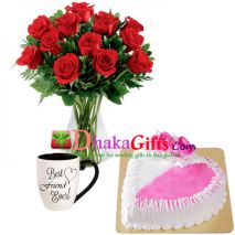 send 12 red roses in vase, mug with cake to dhaka