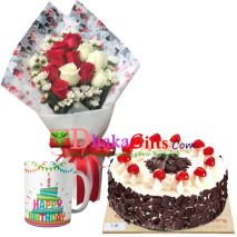 send 12 pcs red roses and mug with cake to dhaka