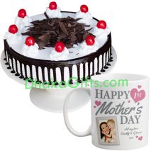 send black forest round cake with decorated mug to dhaka