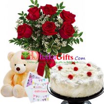 delivery birthday gifts 6 pcs red roses in vase, teddy bear with cake to dhaka