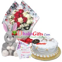 send 12 pcs red roses bouquet, rabbit with cake to dhaka