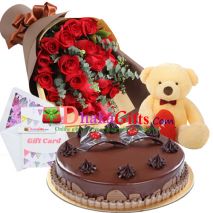 send 24 pcs red roses bouquet with cake and teddy to dhaka