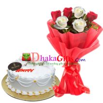 send mr baker vanilla round cake with roses in bouquet dhaka