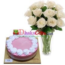 send white roses in vase with pink lemonade cake to dhaka