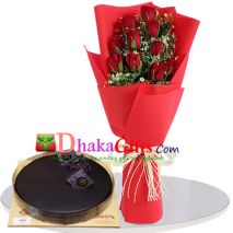 send chocolate round cake with 12 red roses bouquet bd