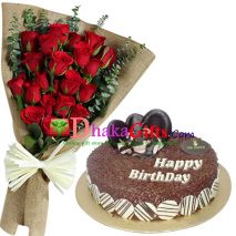 send 12 red roses with chocolate rice round cake to dhaka