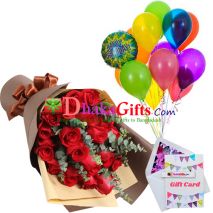 send 24 pcs red roses bouquet with 13 pcs balloon to dhaka