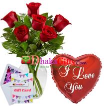 send 6 pcs red roses in vase with mylar balloon to dhaka
