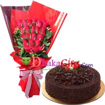 send chocolate lady round cake with roses bouquet to bangladesh