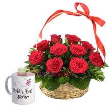 send red roses in basket with mothers day mug to dhaka
