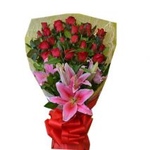 24 Red Roses Bouquet with Pink Lily