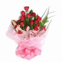 Send 12 Red Roses Bouquet with 2 Pink Lily to Dhaka in Bangladesh