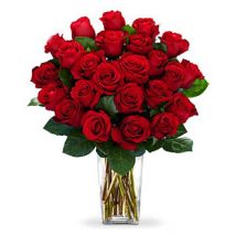 send two dozen red roses arranged in a glass vase to dhaka in bangladesh