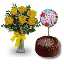 Send 6 Yellow Roses in FREE Vase with Cake & Balloon to Dhaka in Bangladesh