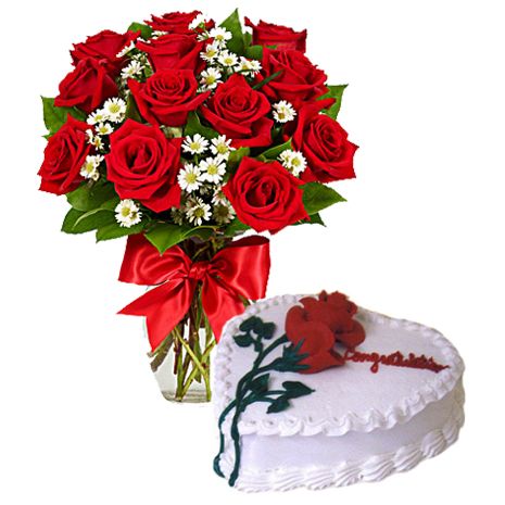 12 Red Roses with Vanilla Heart Cake by Skylark