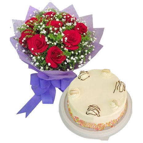 6 Red Roses with Vanilla Round Cake by Skylark
