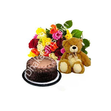 12 Mixed Roses,Brown Bear with Cake to Dhaka
