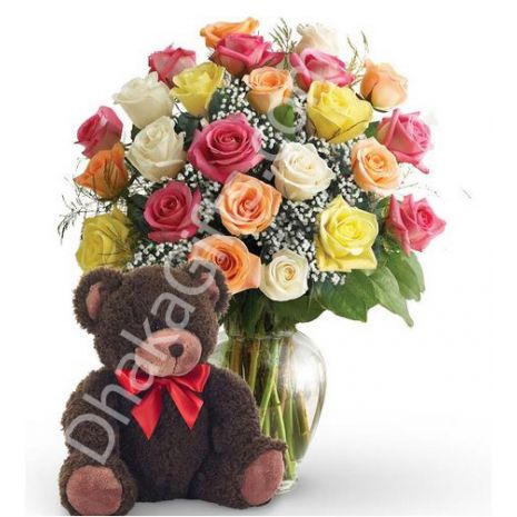 Send to 12 Mixed Roses with FREE Vase & Lovely Teddy Bear to Dhaka