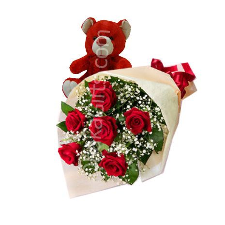 Send to 6 Red Roses in Bouquet & Lovely Red Teddy Bear to Dhaka